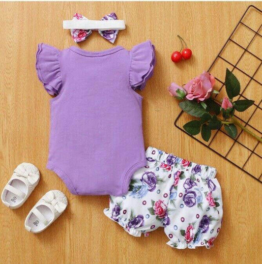 Baby girls clothing new purple lavender bodysuit floral shorts headband set - MARIGOLD 