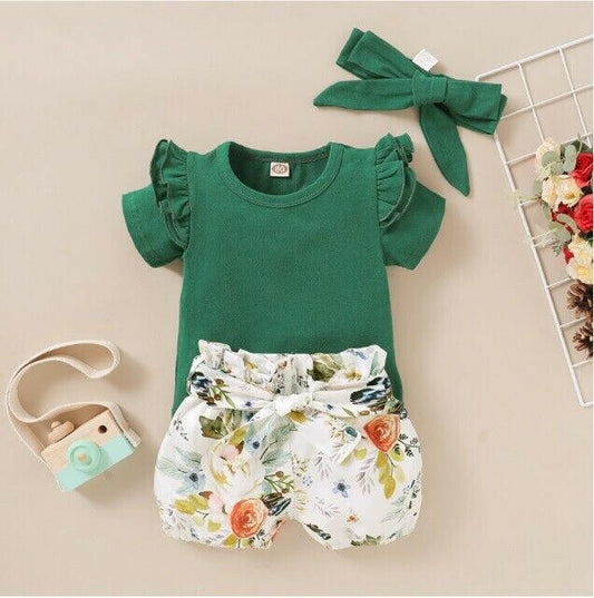 Green and Floral 3-Piece Baby Girl Outfit - Ruffle Top, Shorts and Headband - MARIGOLD 