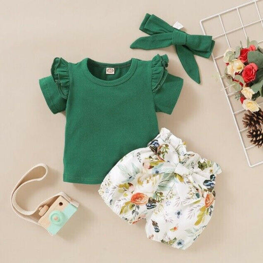 Green and Floral 3-Piece Baby Girl Outfit - Ruffle Top, Shorts and Headband - MARIGOLD 