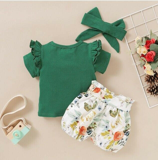Green and Floral 3-Piece Baby Girl Outfit - Ruffle Top, Shorts and Headband - MARIGOLD 