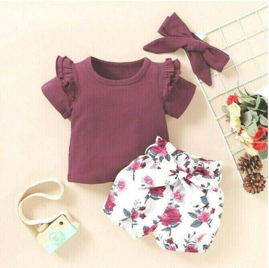 Baby girls outfit burgundy red rose top shorts and headband set - MARIGOLD 