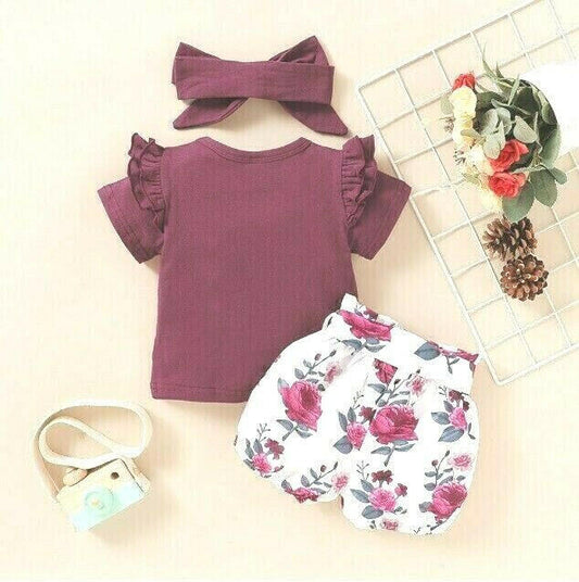 Baby girls outfit burgundy red rose top shorts and headband set - MARIGOLD 