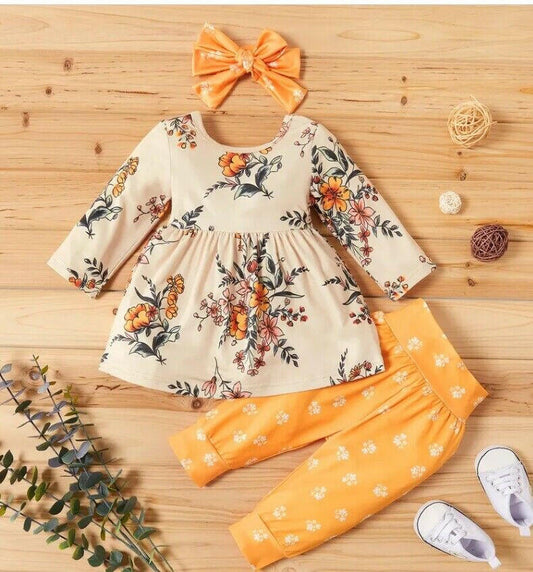 Girls clothing new girls yellow floral long top pants and headband set - MARIGOLD 