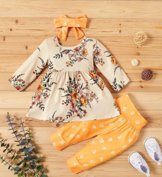 Girls clothing new girls yellow floral long top pants and headband set - MARIGOLD 