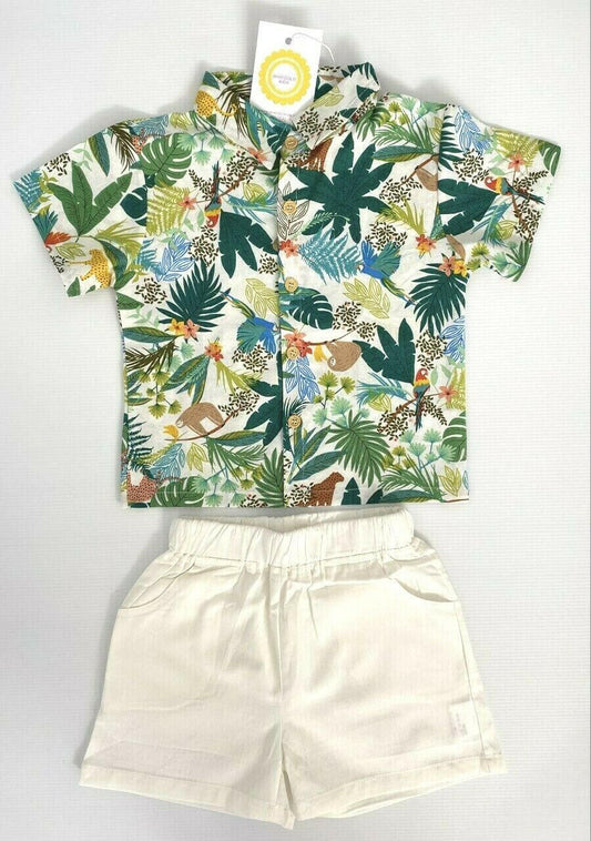Boys outfit set tropical jungle shirt and ivory shorts boys outfit set - MARIGOLD 