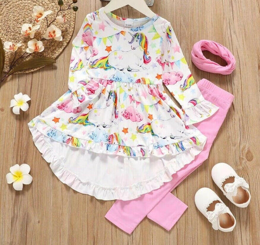 girls rainbow star unicorn hi-lo top & pink leggings set size 18-24m/2y/3y/4y/5y - MARIGOLD 