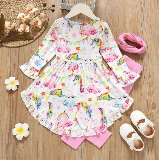 girls rainbow star unicorn hi-lo top & pink leggings set size 18-24m/2y/3y/4y/5y - MARIGOLD 