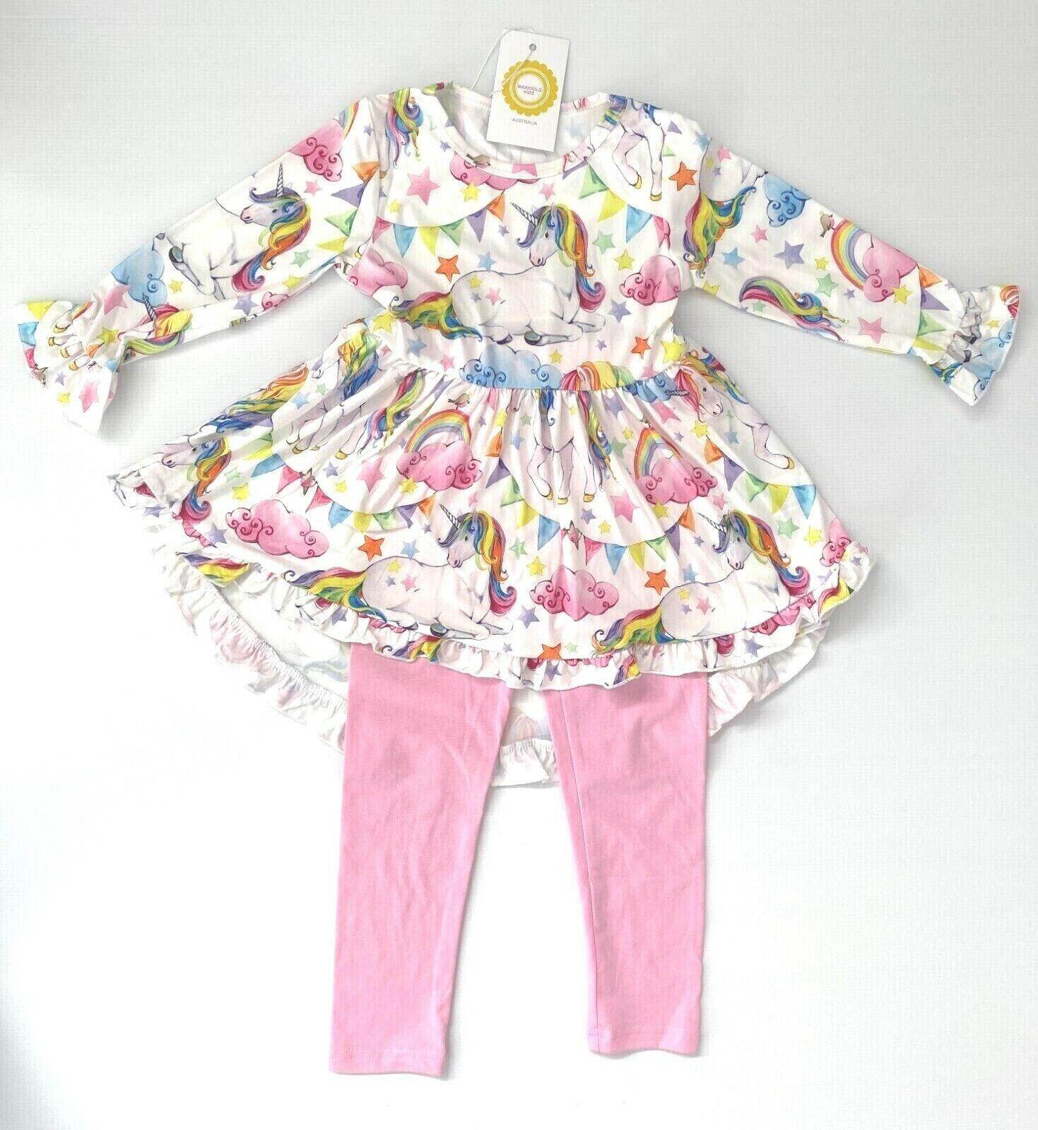 girls rainbow star unicorn hi-lo top & pink leggings set size 18-24m/2y/3y/4y/5y - MARIGOLD 
