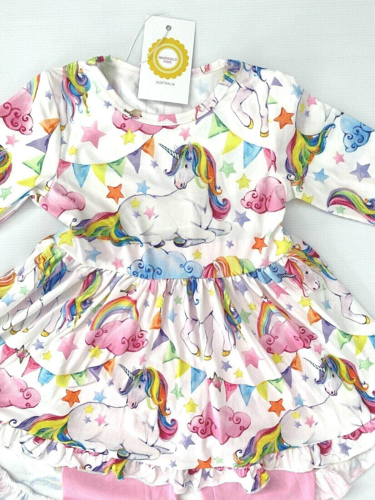 girls rainbow star unicorn hi-lo top & pink leggings set size 18-24m/2y/3y/4y/5y - MARIGOLD 
