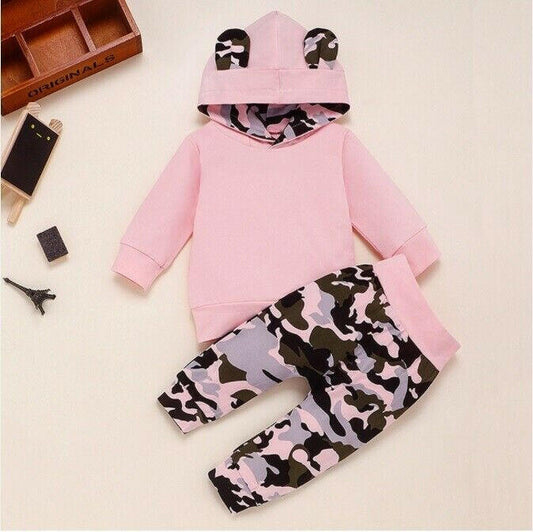 Baby Girls Hoodie Outfit Pink Hoodie Top & Camo Pants Set - MARIGOLD 