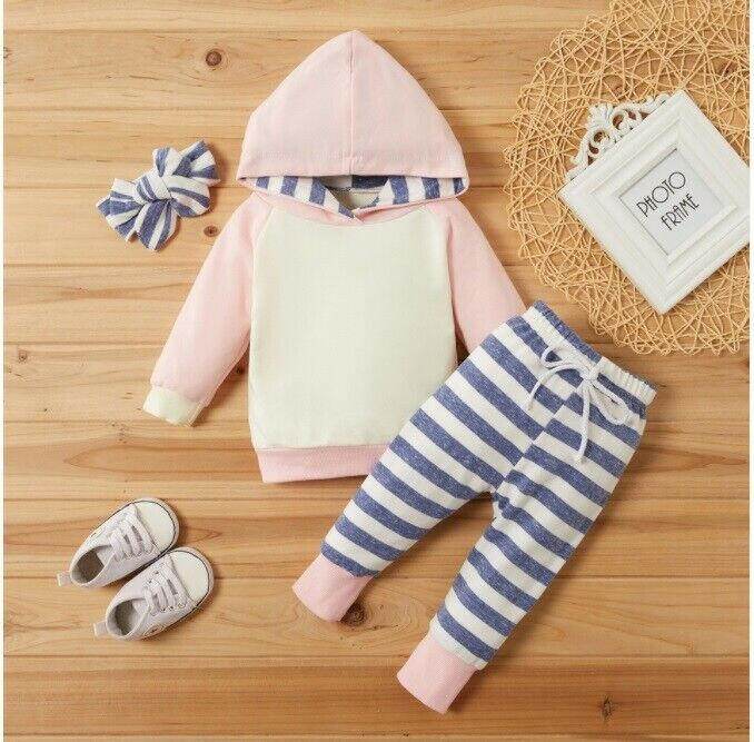 size 3-6m to 18-24m new baby girls pink & blue striped hoodie,pants,headband - MARIGOLD 