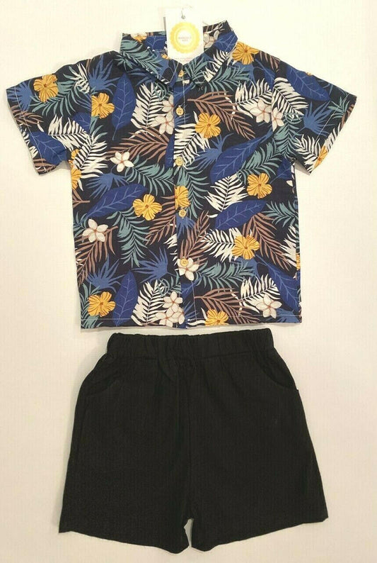 New Boys Outfit/Set: Tropical Shirt & Black Shorts - MARIGOLD 