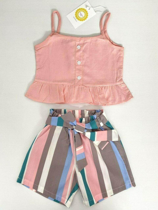 size 3 years new girls shorts outfit pink top & multicolour stripe shorts set - MARIGOLD 