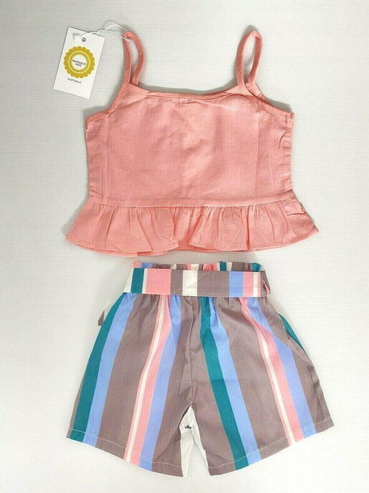 size 3 years new girls shorts outfit pink top & multicolour stripe shorts set - MARIGOLD 