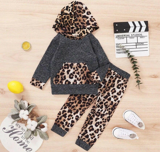 Girls Outfit/Set New Leopard Dark Grey Hoodie & Pants 2pc set Leopard Girlswear - MARIGOLD 