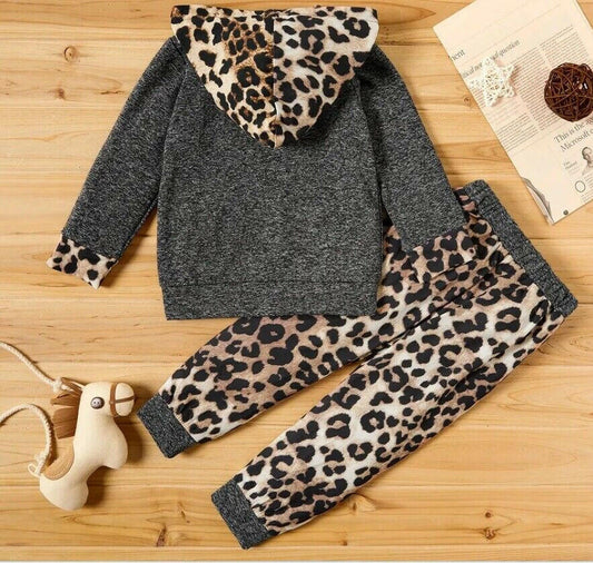 Girls Outfit/Set New Leopard Dark Grey Hoodie & Pants 2pc set Leopard Girlswear - MARIGOLD 
