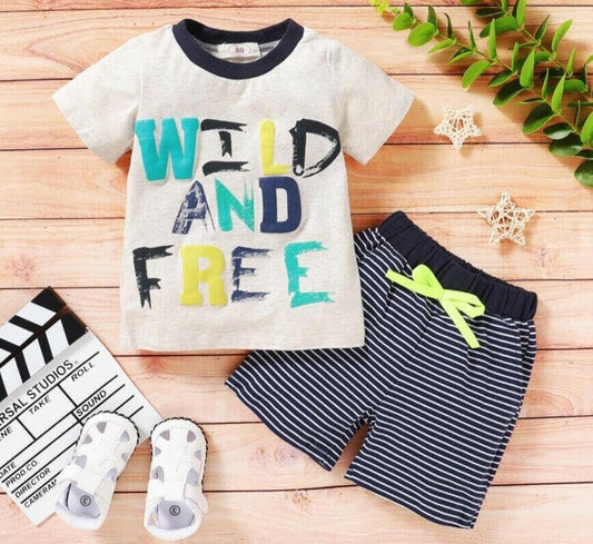 Boys Wild and Free Print Outfit - Top and Shorts Set - MARIGOLD 