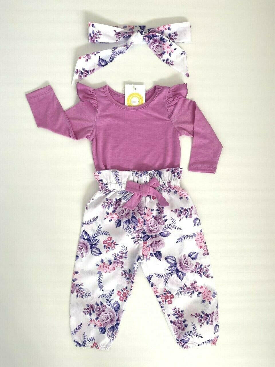 Baby girls outfit pink purple floral top, pants and headband set - MARIGOLD 
