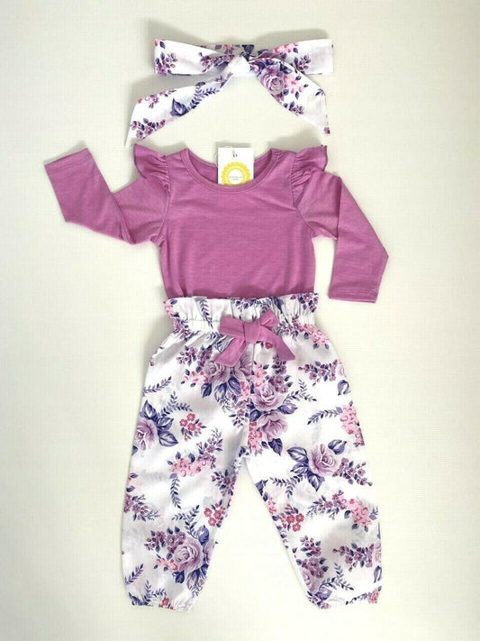 Baby girls outfit pink purple floral top, pants and headband set - MARIGOLD 