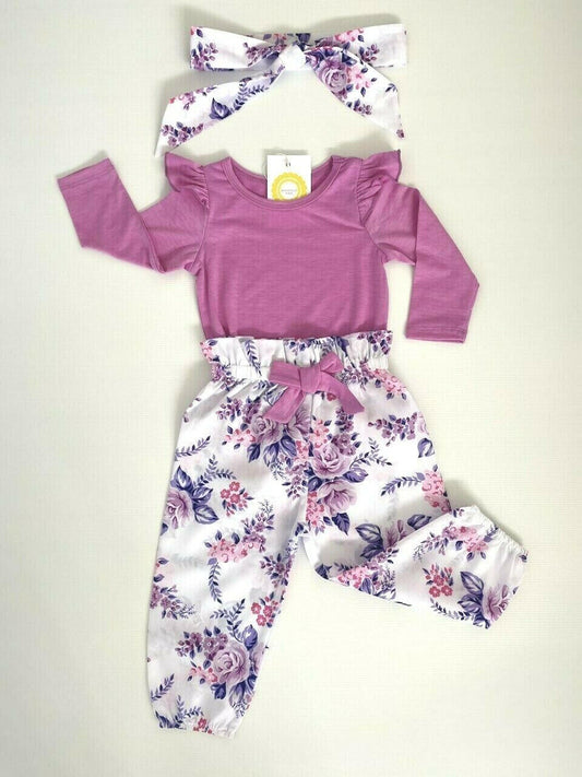 Baby girls outfit pink purple floral top, pants and headband set - MARIGOLD 