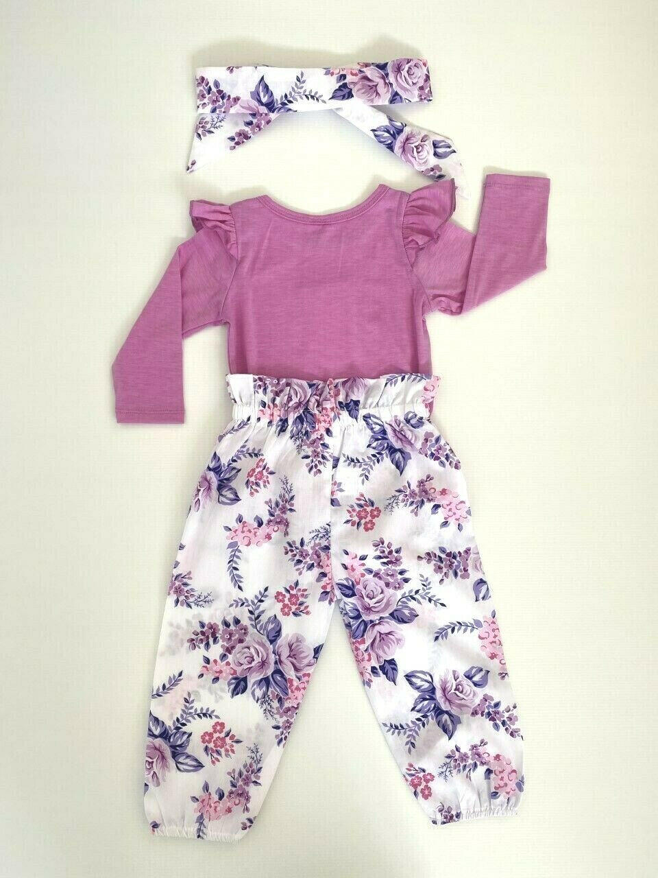 Baby girls outfit pink purple floral top, pants and headband set - MARIGOLD 