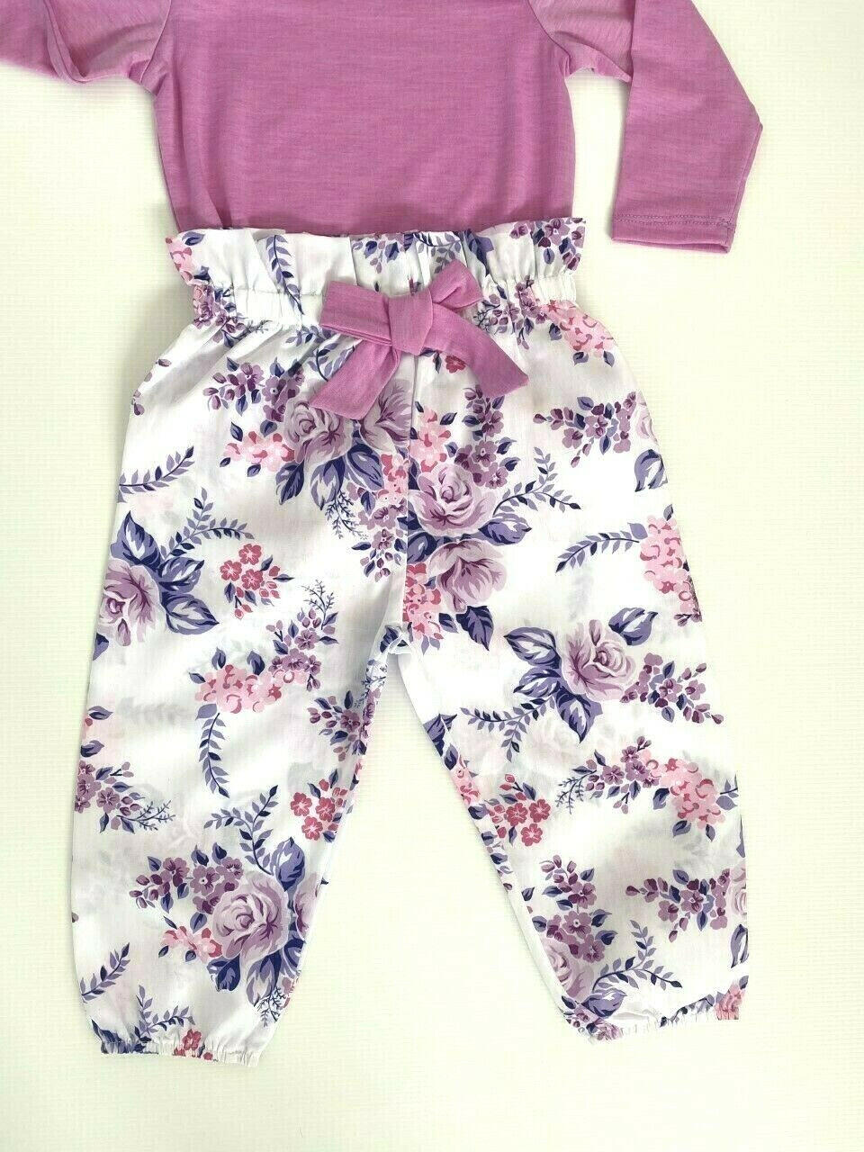 Baby girls outfit pink purple floral top, pants and headband set - MARIGOLD 
