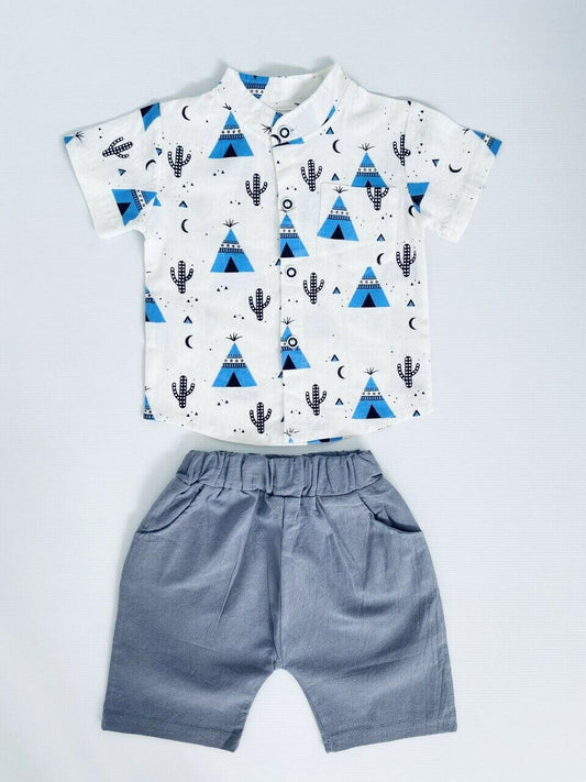 Boys' 2-Piece Blue Teepee Tent & Cactus Print Shirt and Shorts Set - MARIGOLD 