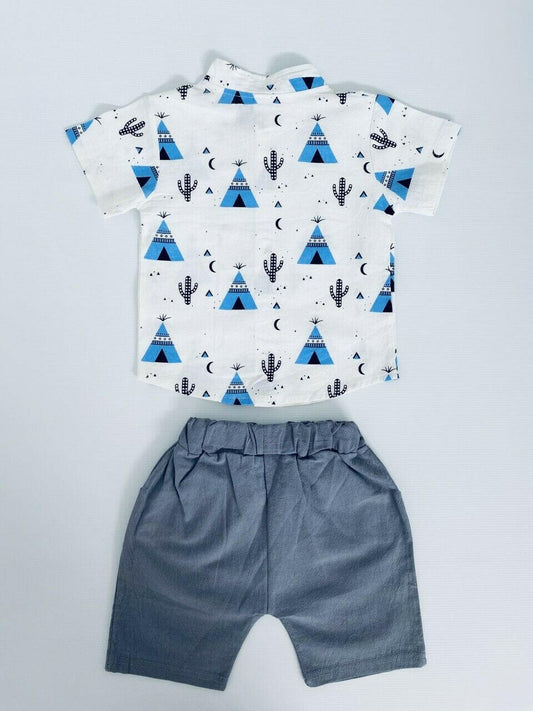 Boys' 2-Piece Blue Teepee Tent & Cactus Print Shirt and Shorts Set - MARIGOLD 