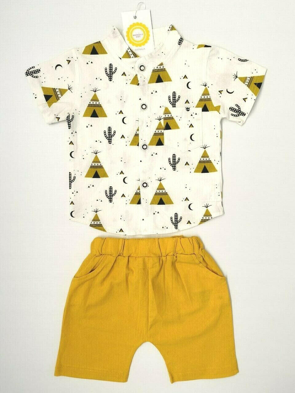 Boys Teepee Tent Cactus Print Shirt and Shorts Set - MARIGOLD 