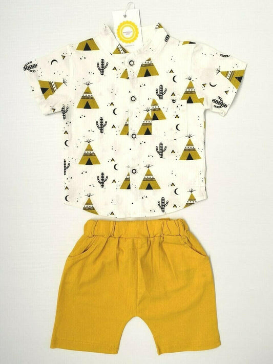 Boys Teepee Tent Cactus Print Shirt and Shorts Set - MARIGOLD 