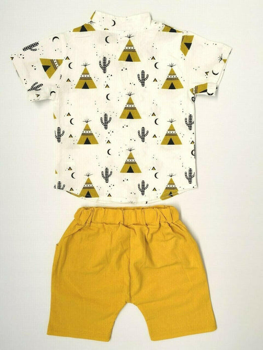 Boys Teepee Tent Cactus Print Shirt and Shorts Set - MARIGOLD 