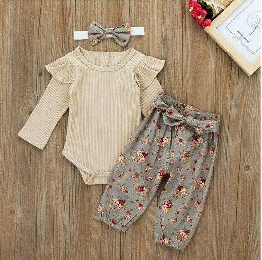 Baby Clothing Size 9-12 months Beige Bodysuit Olive Floral Pant & Headband Set - MARIGOLD 