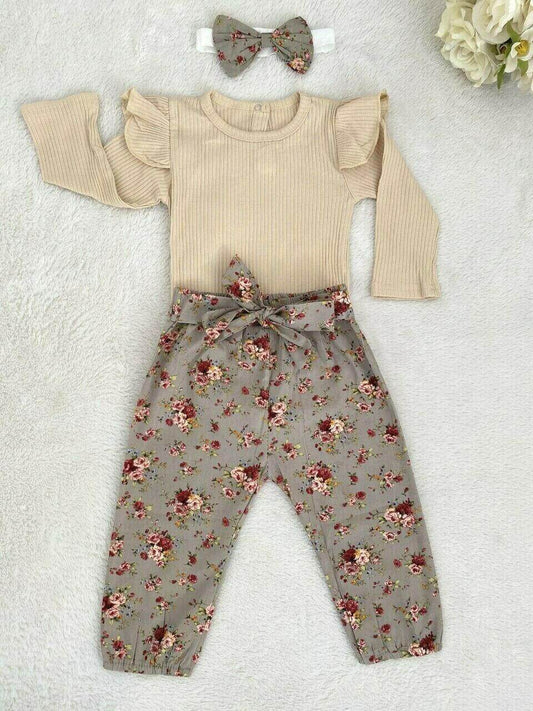Baby Clothing Size 9-12 months Beige Bodysuit Olive Floral Pant & Headband Set - MARIGOLD 