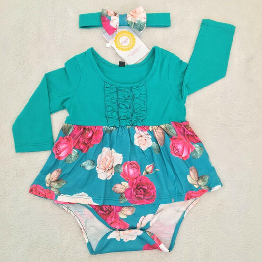 Girls Dress Size 12-18 months Toddler Girls Green Floral Dress and Headband Set - MARIGOLD 