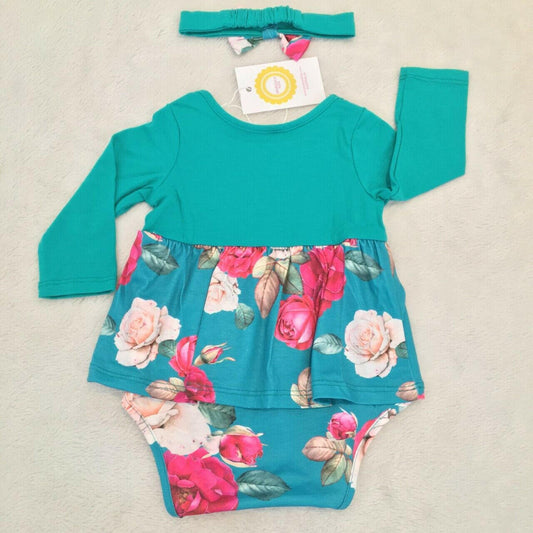 Girls Dress Size 12-18 months Toddler Girls Green Floral Dress and Headband Set - MARIGOLD 