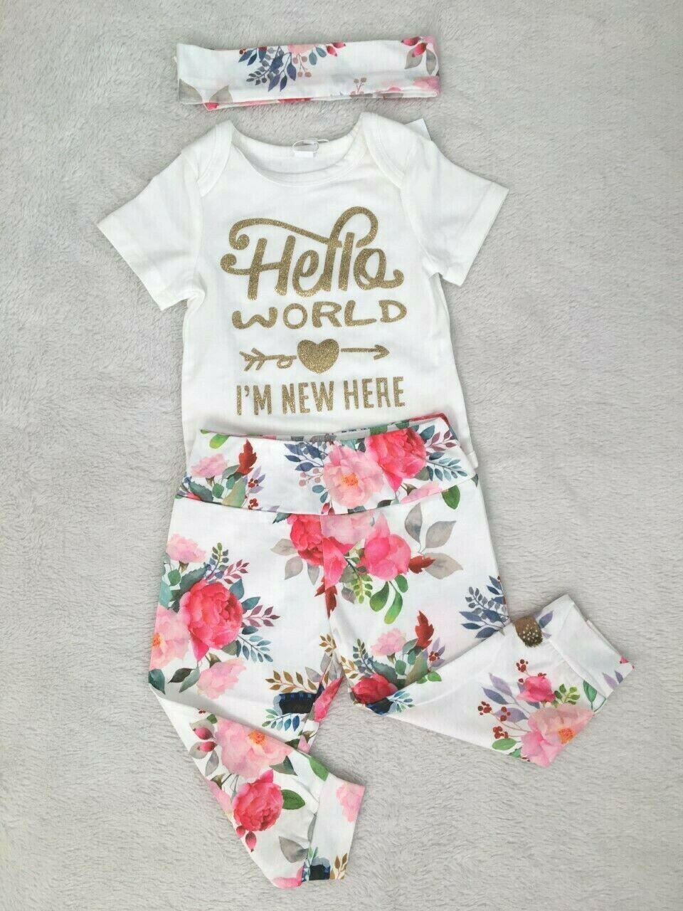 size 12-18 months new toddler girls 'Hello World' bodysuit,pants & headband set - MARIGOLD 