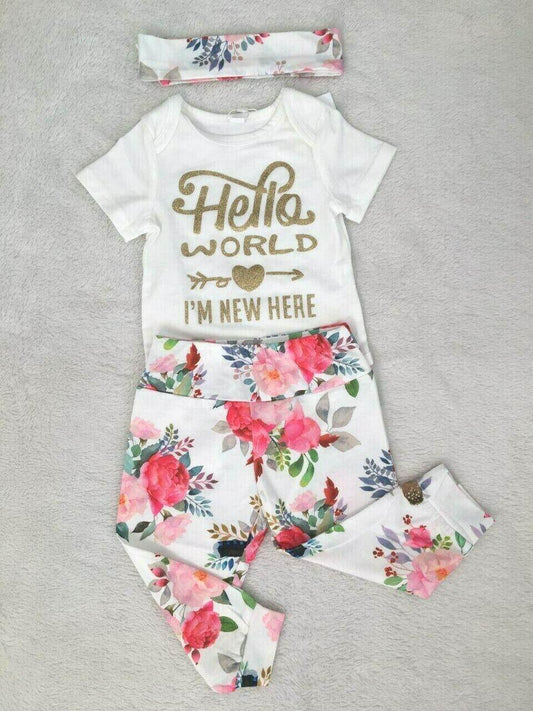 size 12-18 months new toddler girls 'Hello World' bodysuit,pants & headband set - MARIGOLD 