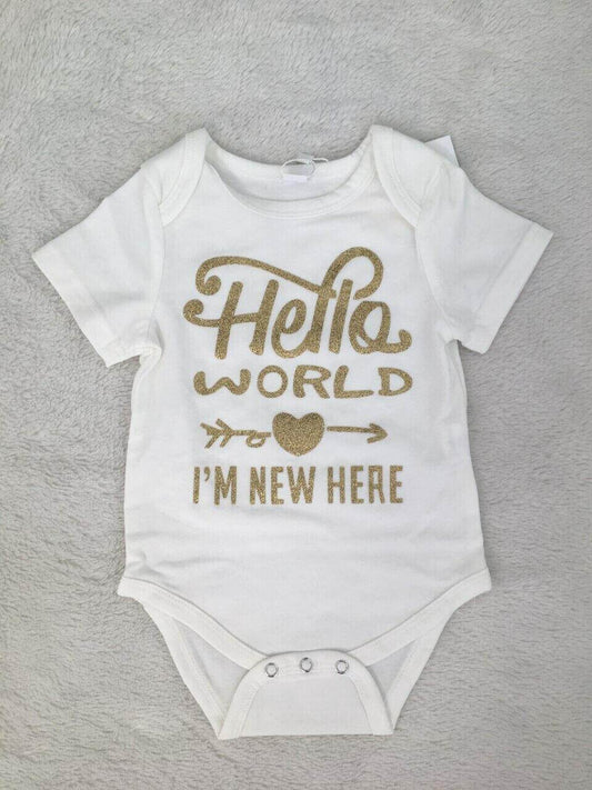 size 12-18 months new toddler girls 'Hello World' bodysuit,pants & headband set - MARIGOLD 
