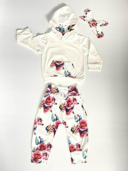 size 6-9 months baby girls outfit new white & rose hoodie, pants & headband set - MARIGOLD 
