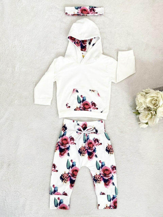 size 6-9 months baby girls outfit new white & rose hoodie, pants & headband set - MARIGOLD 