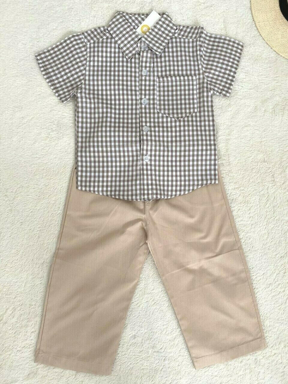 Toddler Boys' Size 2 Years Cocoa Check Shirt and Beige Pants Outfit - MARIGOLD 