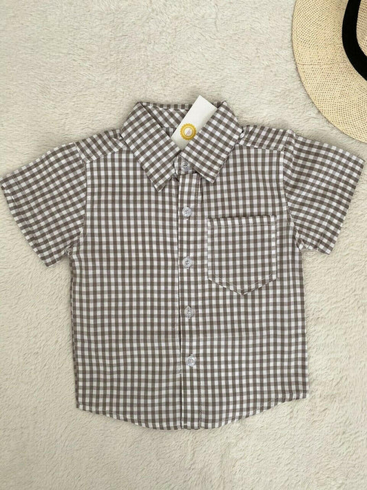 Toddler Boys' Size 2 Years Cocoa Check Shirt and Beige Pants Outfit - MARIGOLD 