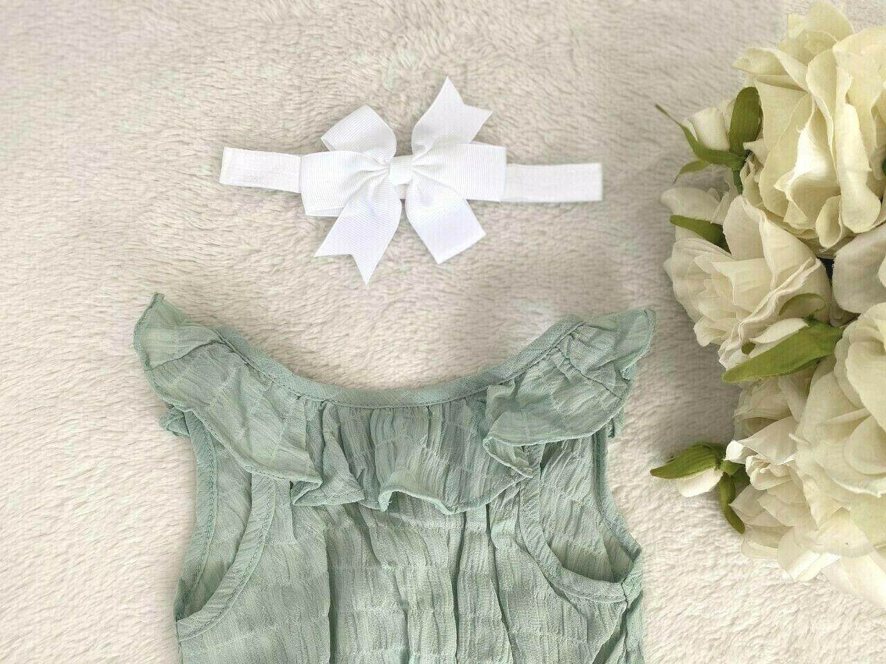size 0-3m/3-6m new baby girl romper green ruffle romper & headband-Select Size - MARIGOLD 