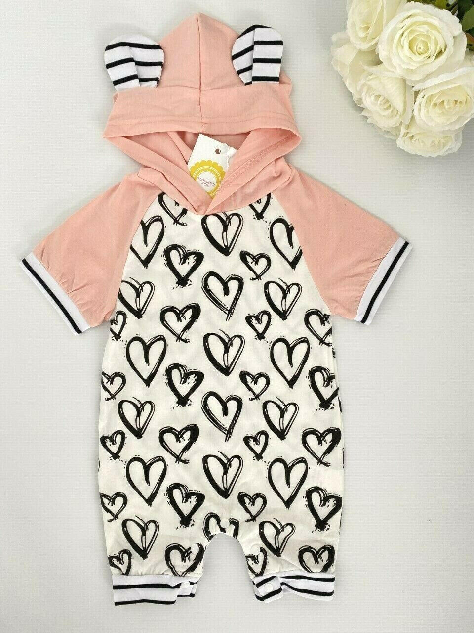 Heart Hooded Baby Girl Romper - Pink and White - MARIGOLD 