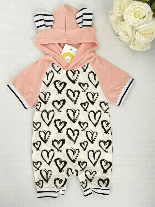 Heart Hooded Baby Girl Romper - Pink and White - MARIGOLD 