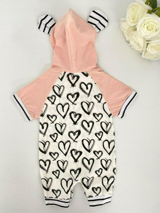 Heart Hooded Baby Girl Romper - Pink and White - MARIGOLD 