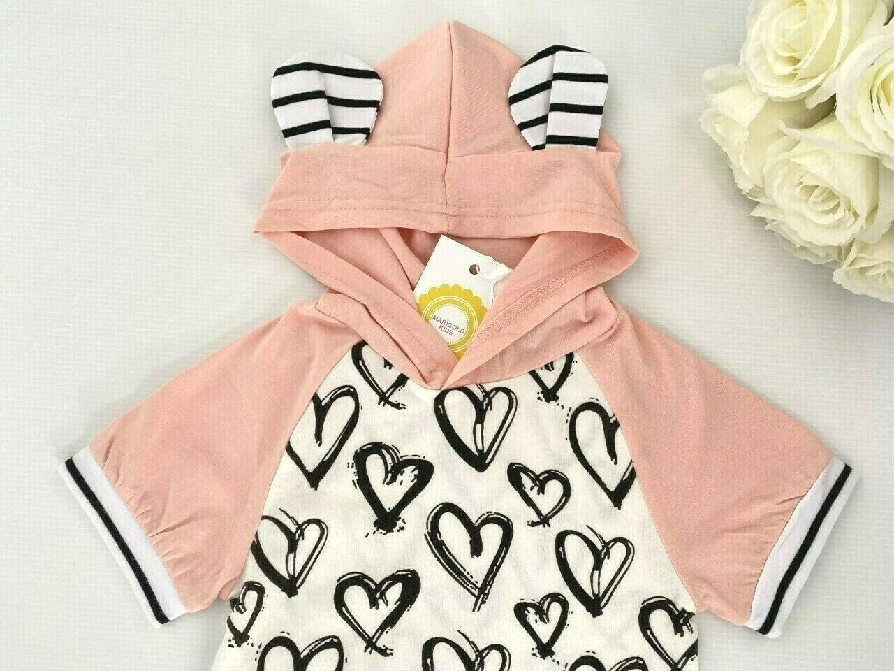 Heart Hooded Baby Girl Romper - Pink and White - MARIGOLD 