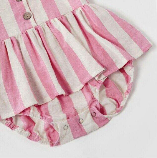 Baby Girls Pink Stripe Flutter Sleeve Bodysuit Dress - MARIGOLD 