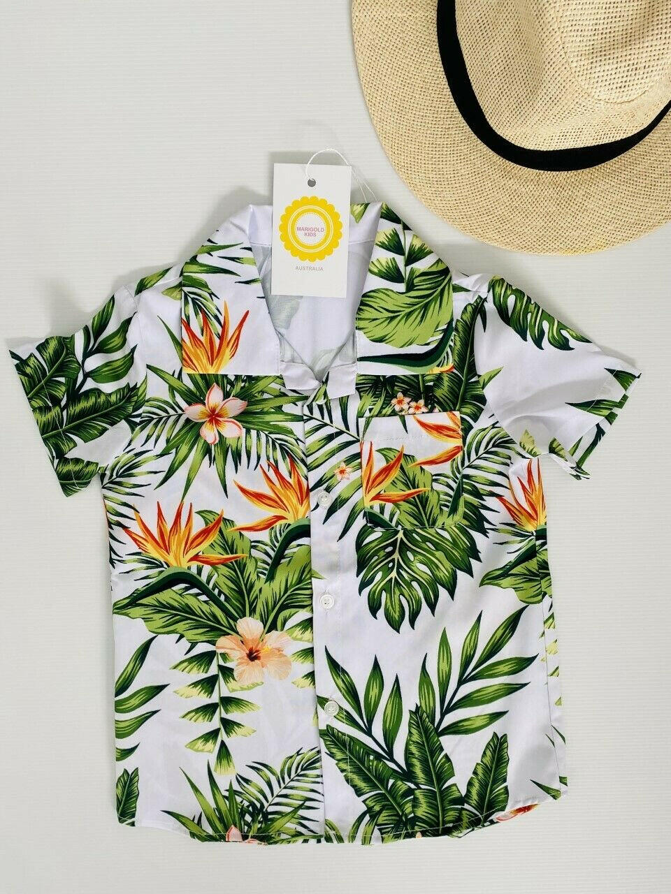 4-5 years new boys shirt green palm & tropical flower print shirt - MARIGOLD 