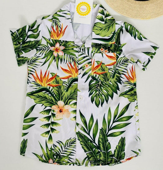 4-5 years new boys shirt green palm & tropical flower print shirt - MARIGOLD 